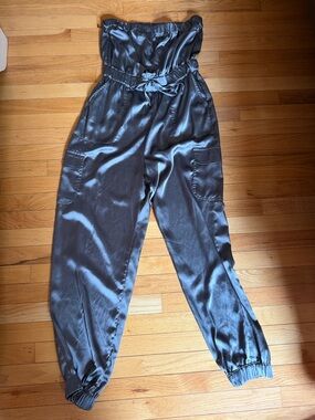 Sincerely Jules Charcoal Satin Paperbag Jumpsuit with Cargo Pockets